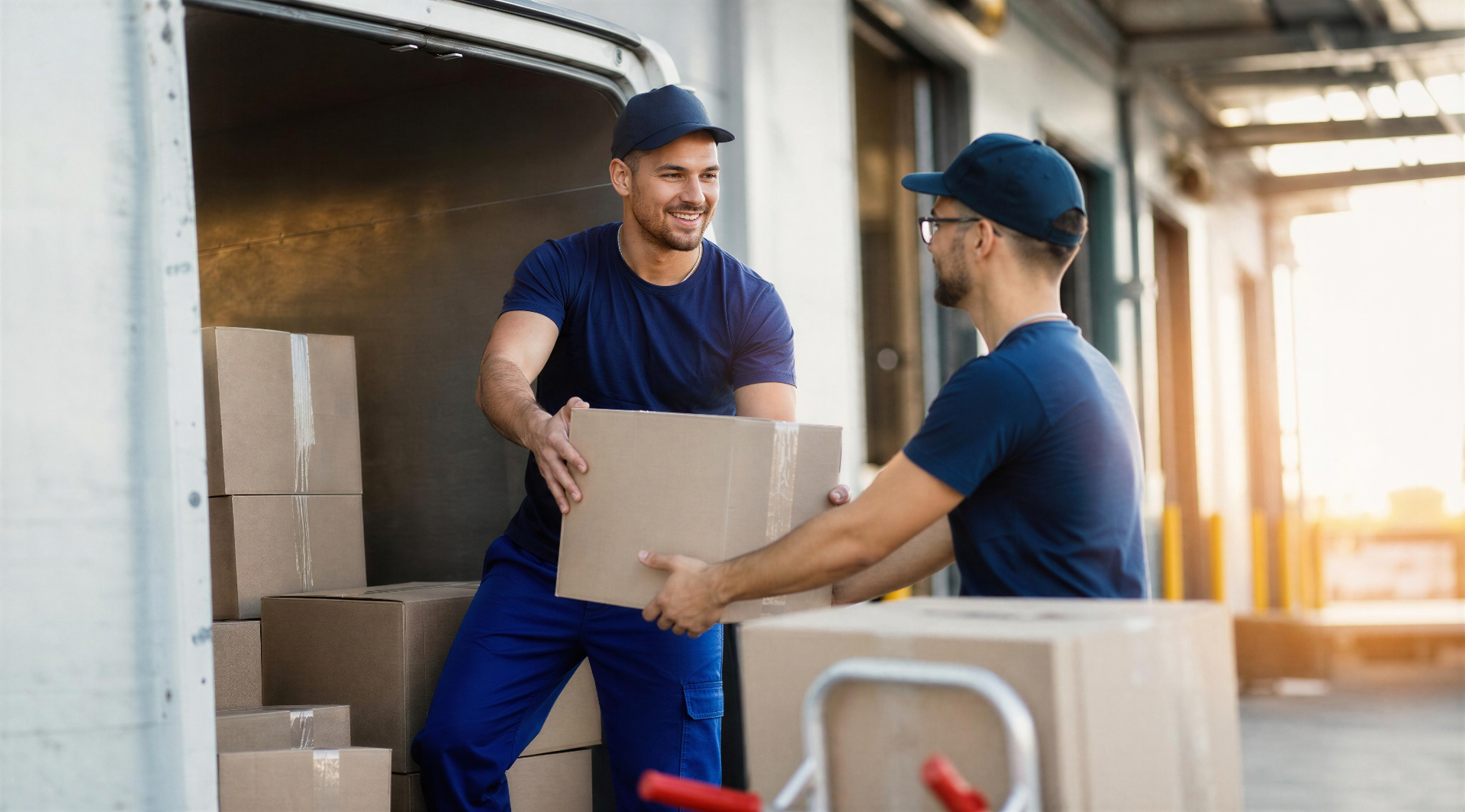 Zwei Mitarbeiter beim Verladen von Paketen